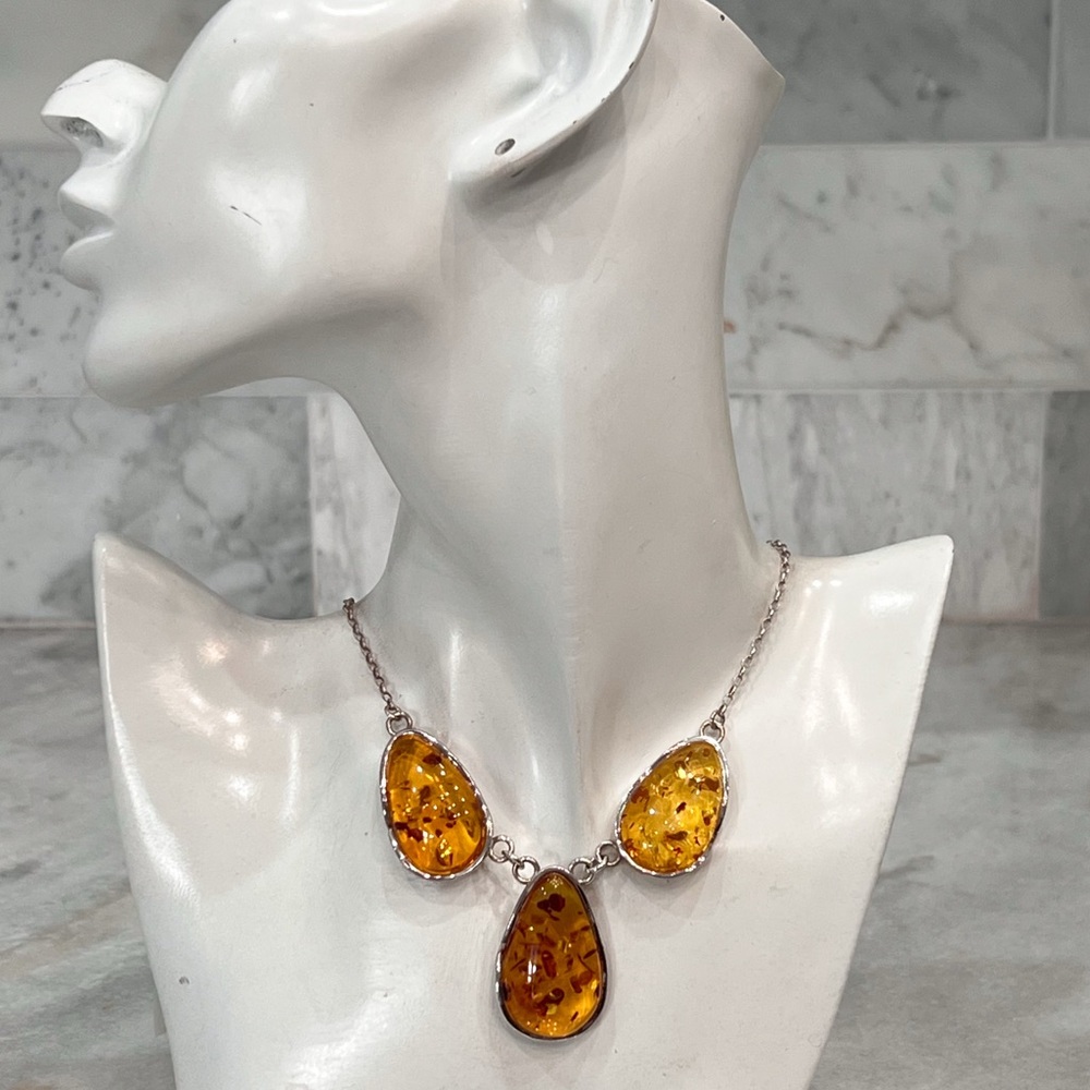 Baltic Amber Sterling Silver Trio Pendant Necklace - Picture 8 of 12